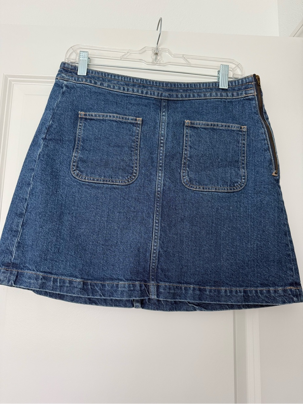 LOFT Dark Blue Denim A-Line Mini Skirt with Front Patch Pockets